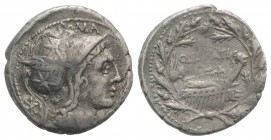 Q. Lutatius Cerco, Rome, 109-108 BC. AR Denarius (20mm, 3.95g, 2h). Helmeted head of Roma (or Mars) r. R/ Galley r. with head of Roma on prow; all wit...