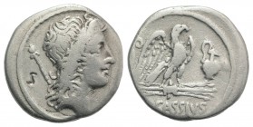 Q. Cassius Longinus, Rome, 55 BC. AR Denarius (17mm, 3.72g, 1h). Head of Bonus Eventus (or Genius Populi Romani?) r.; sceptre behind. R/ Eagle standin...