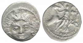 Roman Imperatorial, L. Plautius Plancus, Rome, 47 BC. AR Denarius (18mm, 3.48g, 6h). Facing head of Medusa with disheveled hair; serpents on either si...