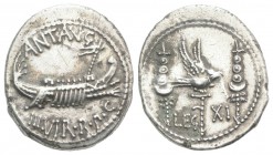 Mark Antony, Patrae(?), Autumn 32-spring 31 BC. AR Denarius (19mm, 3.25g, 12h). Legionary issue. Galley r. R/ LEG XI, legionary aquila between two sig...