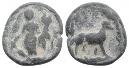 Roman PB Tessera, c. 1st century BC - 1st century AD (19mm, 5.65g, 12h). Fortuna standing l., holding cornucopia and rudder. R/ Ram standing r. VF