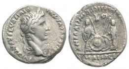 Augustus (27 BC-AD 14). AR Denarius (19mm, 3.24g, 9h). Lugdunum, 2 BC-AD 4. Laureate head r. R/ Caius and Lucius Caesars standing facing, holding shie...