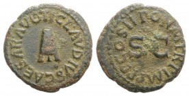 Claudius (41-54). Æ Quadrans (17mm, 2.39g, 6h). Rome, AD 41. Modius. R/ SC; around legend. RIC I 84. Green patina, near VF