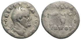 Vespasian (69-79). AR Denarius (17mm, 3.10g, 6h). Rome, AD 71. Laureate head r. R/ Augural and pontifical emblems: simpulum, aspergillum, guttus, and ...