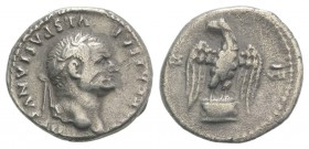 Vespasian (69-79). AR Denarius (17mm, 3.22g, 6h). Rome, AD 76. Laureate head r. R/ Eagle standing facing, head l., wings spread, holding thunderbolt i...