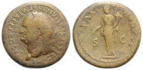Vespasian (69-79). Æ Sestertius (34mm, 23.98g, 6h). Rome, AD 76. Laureate head l. R/ Pax standing l., holding branch and cornucopia. RIC II 881. Rare,...