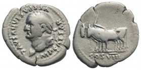 Vespasian (69-79). AR Denarius (19mm, 3.01g, 6h). Rome, 77-8. Laureate head l. R/ Two yoked oxen l. RIC II 944; RSC 134a. Good Fine