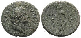 Vespasian (69-79). Æ As (27mm, 11.26g, 6h). Rome, AD 76. Laureate head r. R/ Spes standing l., holding flower and raising hem of dress. RIC II 894. Go...