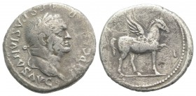 Vespasian (69-79). AR Denarius (18.5mm, 2.77g, 6h). Ephesus, c. AD 76. Laureate head r. R/ Pegasus stepping r. RIC II 1473; RSC 114a; RPC II 1451. Rar...