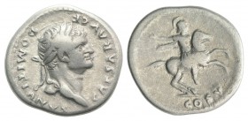 Domitian (Caesar, 69-81). AR Denarius (19mm, 3.26g, 5h). Rome, 77-8. Laureate head r. R/ Soldier on horseback rearing r., raising right hand. RIC II 9...