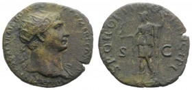 Trajan (98-117). Æ Dupondius (27mm, 7.68g, 6h). Rome, c. 107-8. Laureate bust r., slight drapery. R/ Roma standing l., holding Victory and reversed sp...