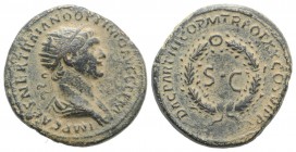 Trajan (98-117). Æ As (23.5mm, 7.18g, 6h). Rome, c. 116-7. Radiate and draped bust r. R/ Large S•C within oak wreath. RIC II 644. Green patina, VF