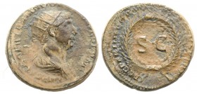 Trajan (98-117). Æ As (22mm, 6.86g, 6h). Rome, c. 116-7. Radiate and draped bust r. R/ Large S•C within oak wreath. Cf. RIC II 644. Brown patina, near...