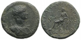 Hadrian (117-138). Æ Sestertius (34mm, 24.73g, 6h). Rome, AD 117. Laureate and cuirassed bust r., slight drapery on l. shoulder. R/ Concordia seated l...