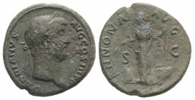 Hadrian (117-138). Æ As (27mm, 8.92g, 6h). Rome, 134-8. Laureate head r. R/ Annona standing l., holding corn ears over modius and rudder on prow of sh...