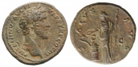 Antoninus Pius (138-161). Æ As (27.5mm, 11.69g, 12h). Rome, 140-4. Laureate head r. R/ Salus standing facing, head l., feeding serpent entwined around...