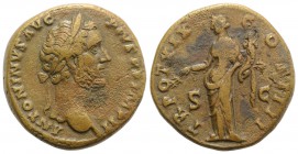 Antoninus Pius (138-161). Æ Sestertius (31mm, 22.39g, 6h). Rome, 155-6. Laureate head r. R/ Pax standing l., holding olive branch and cornucopia. RIC ...
