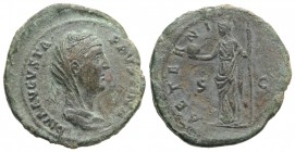 Diva Faustina Senior (died AD 140/1). Æ As (29mm, 8.41g, 6h). Rome. Draped bust r. R/ Aeternitas standing l., holding globe and sceptre. RIC III 1163a...