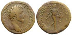 Marcus Aurelius (Caesar, 139-161). Æ Sestertius (33mm, 26.27g, 11h). Rome, AD 160. Bare bust r., with slight drapery. R/ Mars advancing r., carrying s...