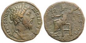 Marcus Aurelius (161-180). Æ Sestertius (30mm, 20.04g, 6h). Rome, AD 174. Laureate head r. R/ Jupiter seated l., holding Victory and sceptre. RIC III ...