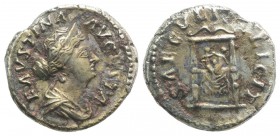 Faustina Junior (Augusta, 147-175). AR Denarius (17mm, 3.03g, 6h). Rome, 161-164. Draped bust r. R/ Pulvinar on which are Commodus and Antoninus. RIC ...