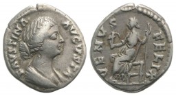 Faustina Junior (Augusta, 147-175). AR Denarius (17mm, 3.35g, 12h). Rome. Draped bust r. R/ Venus seated l., holding Victory and sceptre. RIC III 731 ...