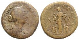 Faustina Junior (Augusta, 147-175). Æ Sestertius (32mm, 25.18g, 12h). Rome, c. 161-4. Draped bust r., wearing stephane. R/ Fecunditas standing l., hol...