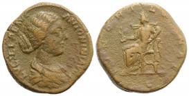 Lucilla (Augusta, 164-182). Æ Sestertius (30mm, 22.27g, 11h). Rome, 164-7. Draped bust r. R/ Juno seated l. on throne with back, feet on footstool, ho...