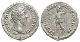 Commodus (177-192). AR Denarius (18mm, 3.34g, 12h). Rome, AD 183. Laureate head r. R/ Roma standing l., holding Victory and spear. RIC III 26; RSC 828...