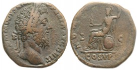 Commodus (177-192). Æ Sestertius (29mm, 19.91g, 12h). Rome, AD 184. Laureate head r. R/ Roma seated l., holding Victory and spear; round shield at sid...