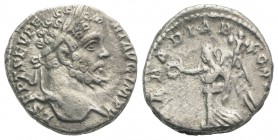 Septimius Severus (193-211). AR Denarius (16mm, 2.88g, 6h). Rome, 195-6. Laureate head r. R/ Victory standing l., holding wreath and trophy. RIC III 6...