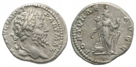 Septimius Severus (193-211). AR Denarius (17mm, 3.49g, 12h). Rome, AD 198. Laureate head r. R/ Fortuna standing facing, foot on prow, head r., holding...