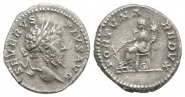 Septimius Severus (193-211). AR Denarius (18mm, 3.66g, 6h). Rome, 202-3. Laureate head r. R/ Fortuna seated l., holding rudder and cornucopia; wheel u...