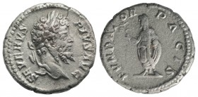 Septimius Severus (193-211). AR Denarius (18mm, 3.14g, 6h). Rome, 201-2. Laureate head r. R/ Septimius, veiled, standing l., holding branch and roll. ...