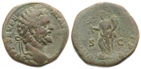Septimius Severus (193-211). Æ Sestertius (29mm, 26.11g, 6h). Rome, AD 195. Laureate head r. R/ Felicitas standing l., foot on prow, holding caduceus ...