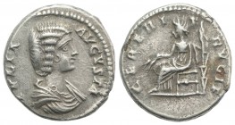 Julia Domna (Augusta, 193-211). AR Denarius (18mm, 3.87g, 6h). Rome, 196-211. Draped bust r. R/ Ceres seated l. holding corn ears and torch. RIC IV 54...