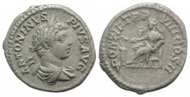 Caracalla (198-217). AR Denarius (18mm, 2.89g, 6h). Rome, AD 205. Laureate and draped bust r. R/ Salus seated l., feeding from patera a snake coiled a...