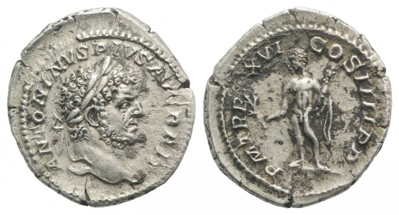 Caracalla (198-217). AR Denarius (19mm, 3.24g, 11h). Rome, 213. Laureate head r....