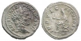 Caracalla (198-217). AR Denarius (19mm, 2.74g, 6h). Rome, 211-2. Laureate head r. R/ Indulgentia, veiled and wearing mural crown, seated l. on curule ...