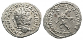 Caracalla (198-217). AR Denarius (18mm, 3.19g, 1h). Rome, 212-3. Laureate head r. R/ Mars advancing l., holding spear and trophy. RIC IV 223; RSC 150....