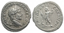 Caracalla (198-217). AR Denarius (19mm, 3.07g, 12h). Rome, AD 214. Laureate and bearded head r. R/ Jupiter standing l., holding thunderbolt and sceptr...
