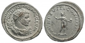 Caracalla (198-217). AR Antoninianus (24mm, 4.75g, 12h). Rome, AD 215. Radiate, draped and cuirassed bust r. R/ Sol standing r., head l., holding glob...