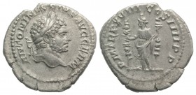 Caracalla (198-217). AR Denarius (19mm, 2.61g, 12h). Rome, AD 215. Laureate head r. R/ Fides standing l., holding a standard in each hand. RIC IV 266;...