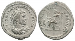 Caracalla (198-217). AR Antoninianus (24mm, 5.36g, 6h). Rome, AD 215. Radiate and cuirassed bust r. R/ Jupiter seated l., holding Victory and sceptre;...