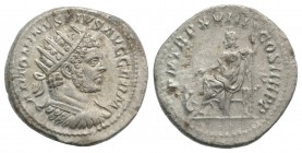 Caracalla (198-217). AR Antoninianus (23mm, 5.39g, 1h). Rome, AD 215. Radiate and cuirassed bust r. R/ Jupiter seated l., holding Victory and sceptre;...