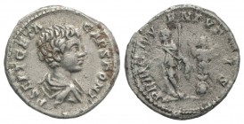 Geta (Caesar, 198-209). AR Denarius (18mm, 3.11g, 12h). Rome, 200-5. Bareheaded and draped bust r. R/ Geta standing l., holding baton and sceptre; tro...