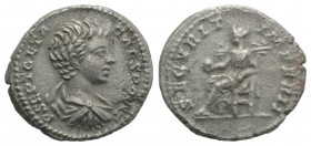 Geta (Caesar, 198-209). AR Denarius (18.5mm, 3.55g, 12h). Rome, AD 202. Bare-headed and draped bust r. R/ Securitas seated l., holding globe. RIC IV 2...