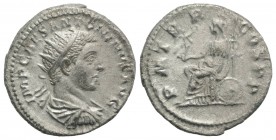 Elagabalus (218-222). AR Antoninianus (22mm, 5.14g, 6h). Rome, 218. Radiate and draped bust r. R/ Roma seated l. on throne, holding small Victory and ...