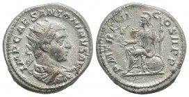 Elagabalus (218-222). AR Antoninianus (22mm, 4.68g, 12h). Rome, AD 218. Radiate, draped and cuirassed bust r. R/ Roma seated l. on throne, holding sma...