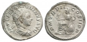 Elagabalus (218-222). AR Antoninianus (22mm, 5.06g, 12h). Rome, AD 218. Radiate and draped bust r. R/ Roma seated l. on throne, holding small Victory ...